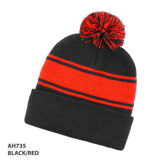 Grace - Black/Red Pom Pom Beanie - AH735